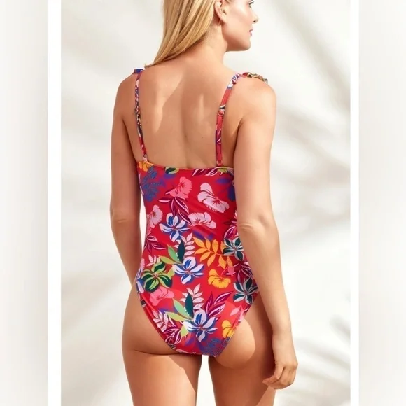 Caribbean Joe Ruffle Sleeve Adjustable Strap Coral Orange Floral Swimsuit 14 - Picture 2 of 9